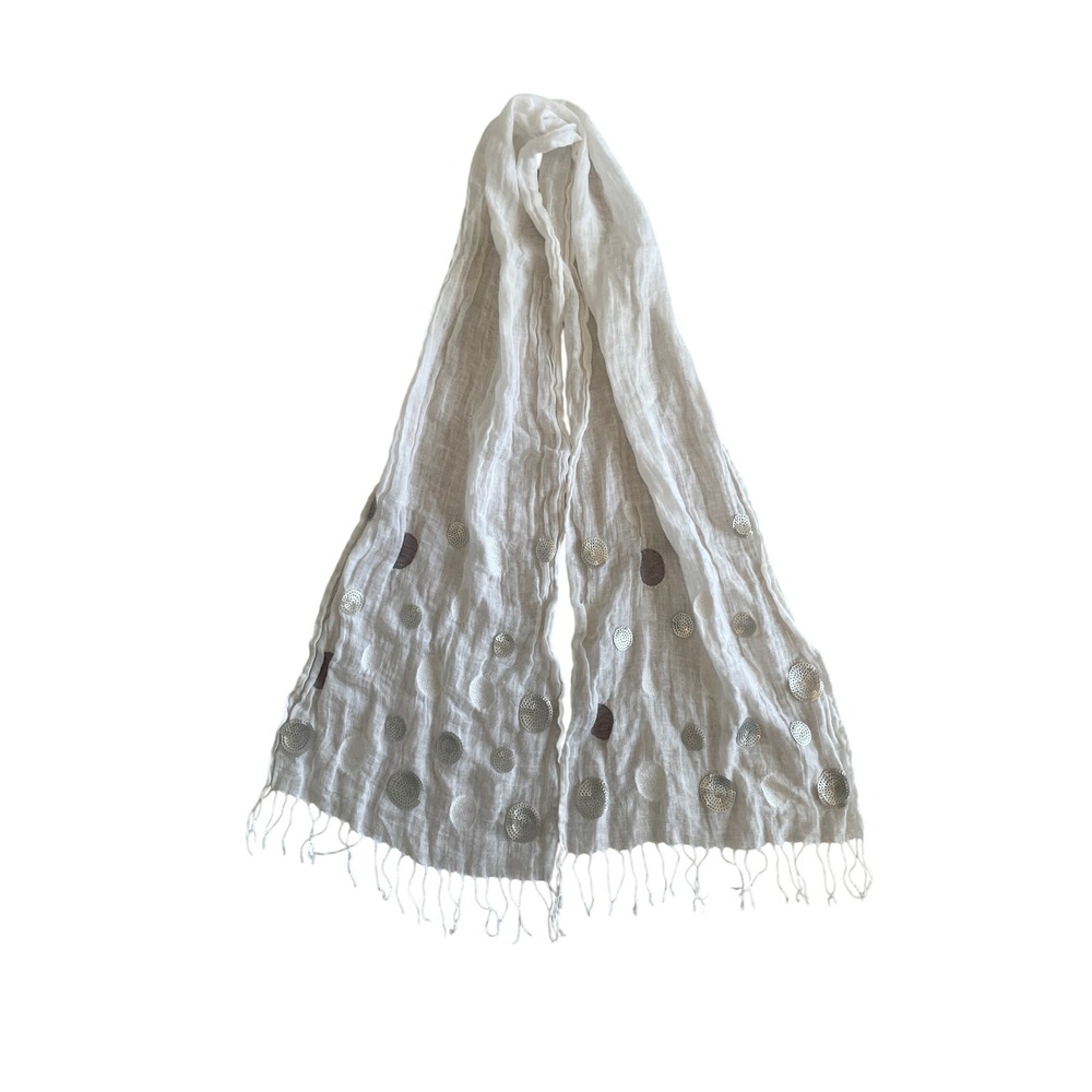 White Crinkle Linen Scarf Silver Sequin Polka Dot Fringe Wrap Boho Lightweight